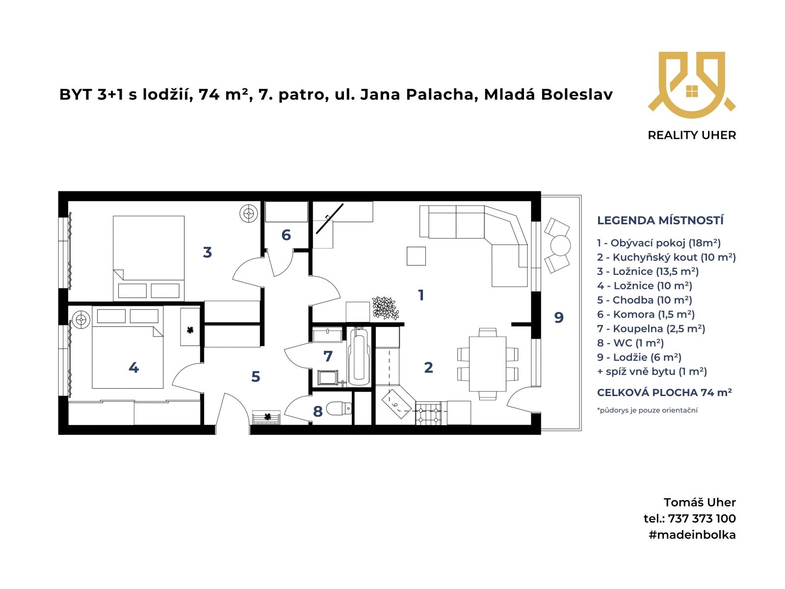 Reality UHER 2D půdorys byt 3+1 s lodžií Mladá Boleslav